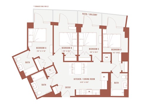 Floor plan for 4 beds, 3 baths, 260 sqft
